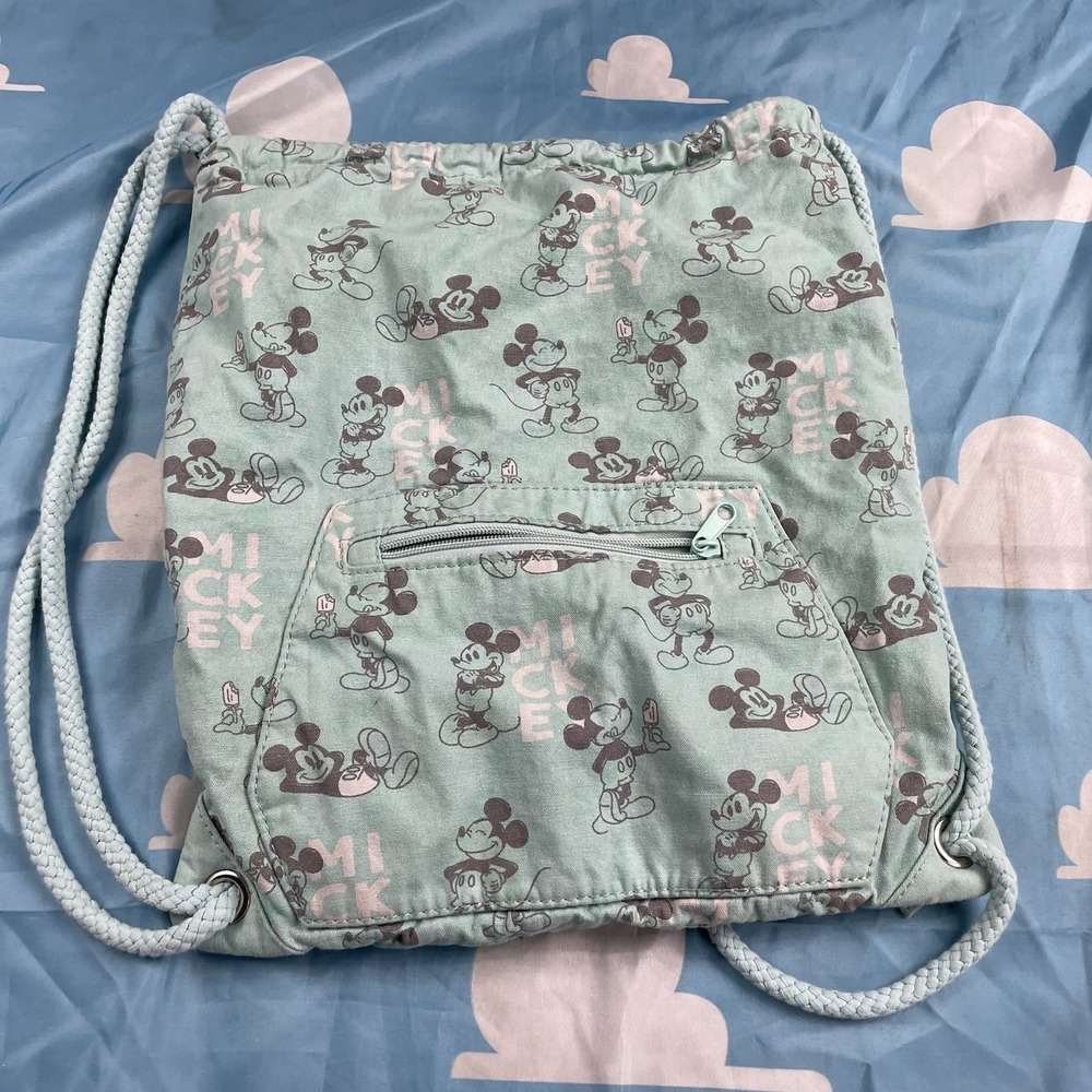 Disney's Mickey Mouse Aqua Blue Cotton Cinch Sack Bag Front Pocket NWT